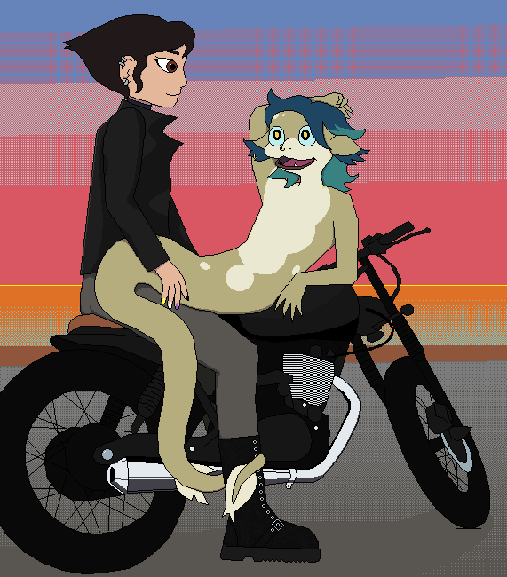 Digital pixelart. Masha is sitting up on the seat of a black motorcycle wearing a black leather jacket, long gray pants and thick healed goth boots. Vee, in her basilisk form is laying across the gas tank of the bike and Masha's lap. She is staring lovingly up at Masha and her tail is wrapped around their leg affectionately. The bike is parked at a beach and there is a sunset on the horizon.
